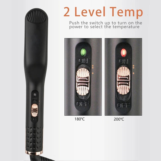 Black heated beard styling tool with comb head and dual-temperature settings (180°C/200°C).